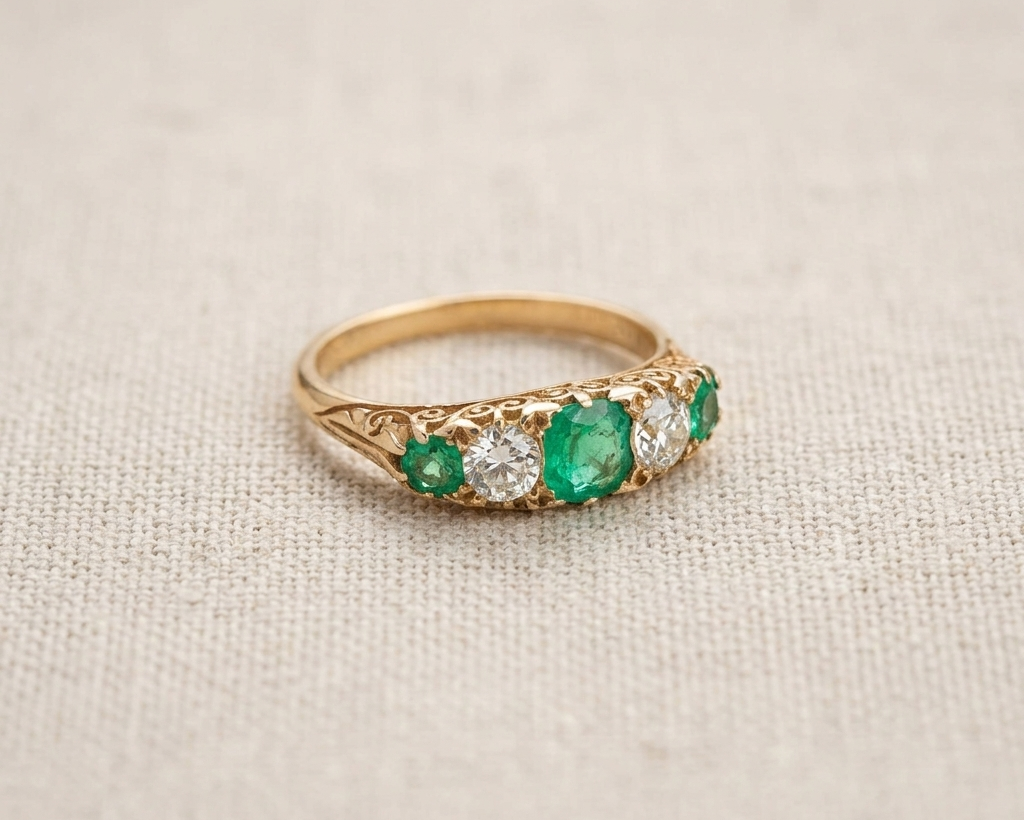 Emerald and diamond anniversary ring featuring an alternating row of three green emeralds and two old-cut diamonds in yellow gold, antique-inspired jewelry for women, green gemstone five-stone band.