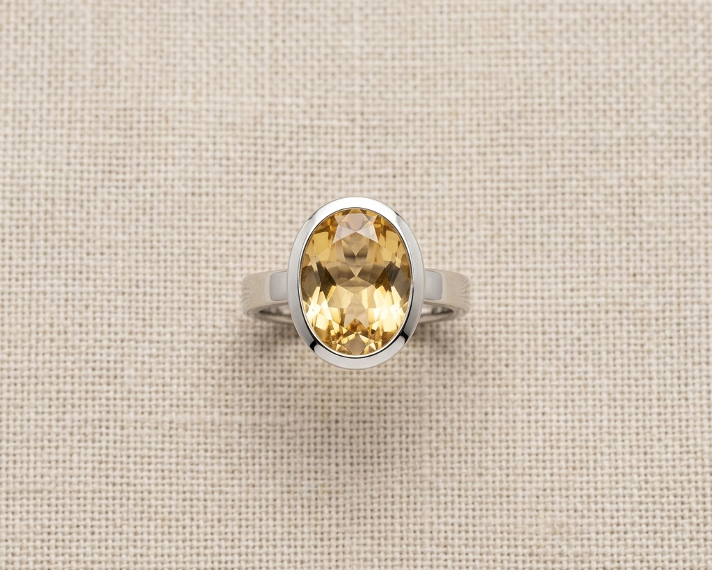 Oval-cut yellow citrine solitaire ring in a sterling silver bezel setting, resting on a textured linen fabric background. Top view.