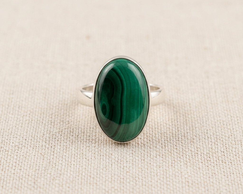 Large oval cabochon-cut green malachite gemstone with natural banding patterns, set in a polished sterling silver bezel ring, displayed on a light linen fabric background.