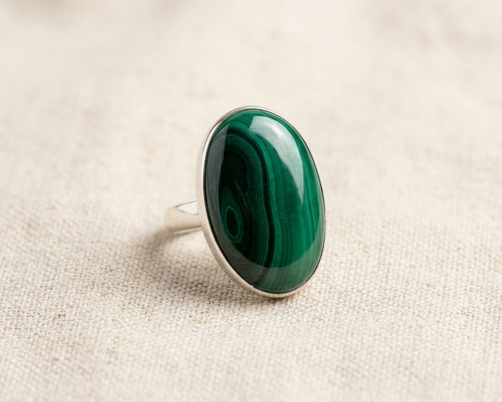 Large oval cabochon-cut green malachite gemstone with natural banding patterns, set in a polished sterling silver bezel ring, displayed on a light linen fabric background. Angled view.