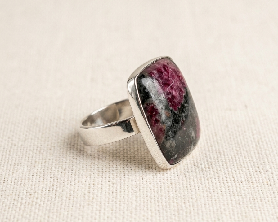 Side view of a sterling silver statement ring featuring a cushion-shaped eudialyte cabochon gemstone with natural magenta pink and black patterns in a polished bezel setting