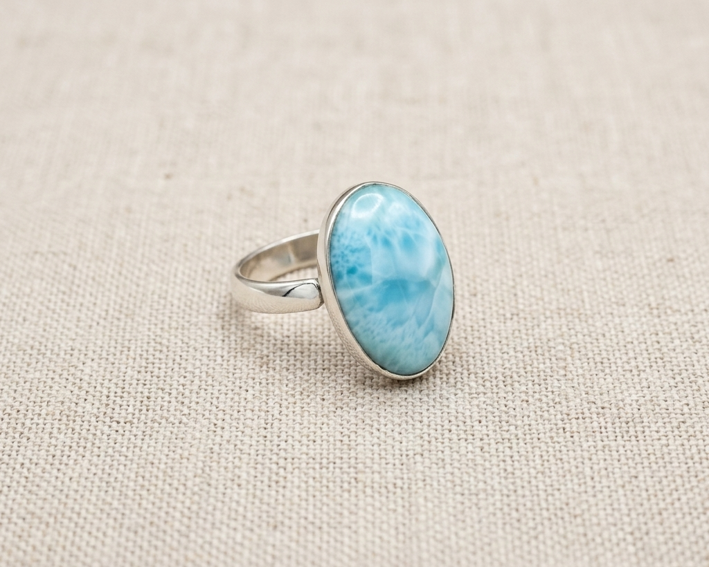 Oval cabochon Larimar gemstone ring with light blue and white sea-foam patterns, set in an adjustable sterling silver band, displayed on a neutral background. Angled view.