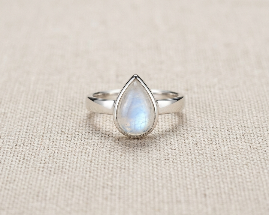 An elegant and minimalist teardrop-shaped natural moonstone ring in a polished sterling silver bezel setting.
