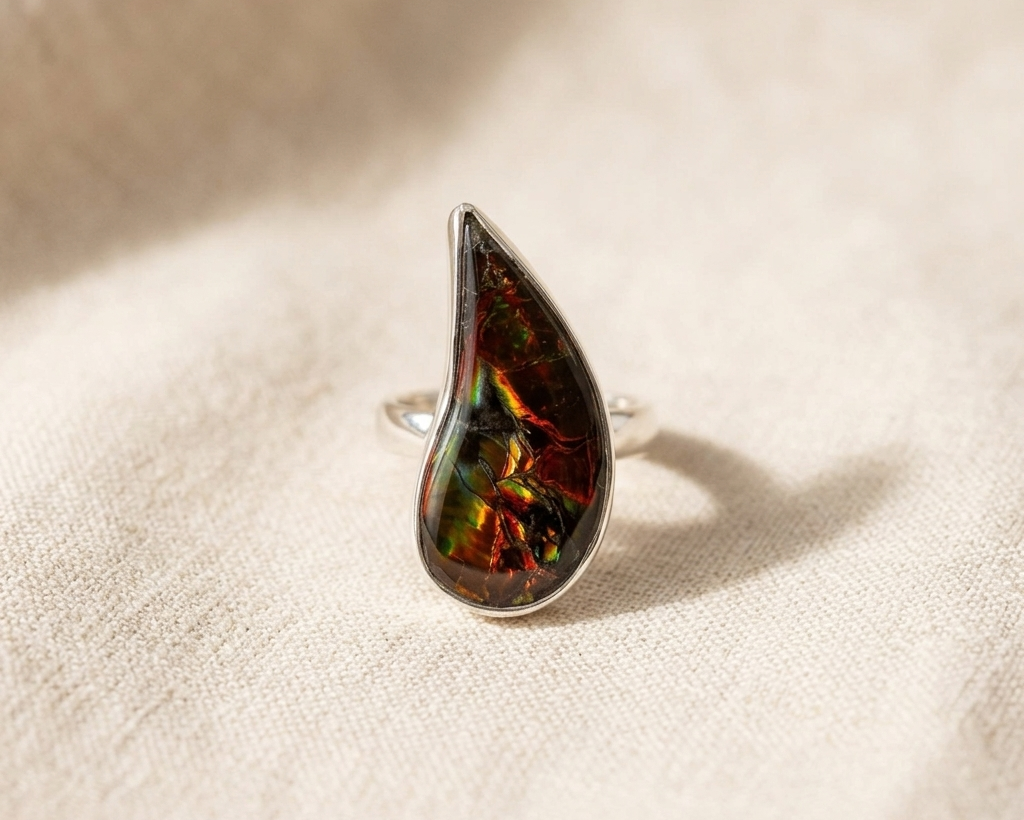 Sterling silver ring with a large, polished teardrop-shaped natural ammolite gemstone, displaying an iridescent play of red, green, and gold colours on a dark matrix.