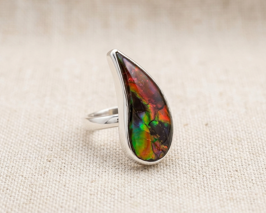 Sterling silver ring with a large, polished teardrop-shaped natural ammolite gemstone, displaying an iridescent play of red, green, and gold colours on a dark matrix.