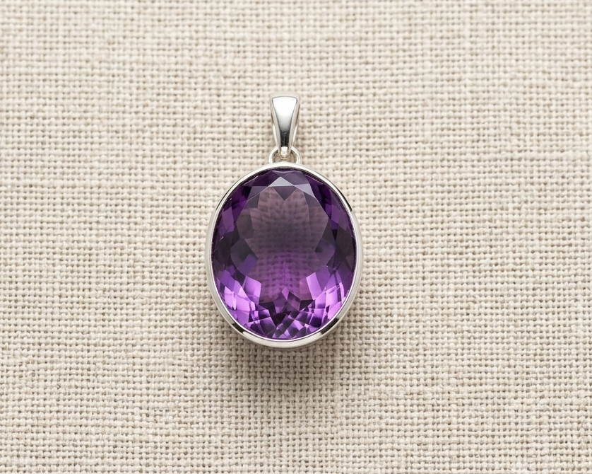Top-view studio photograph of an oval-shaped, faceted natural purple amethyst gemstone bezel-set in polished sterling silver. The pendant features a smooth, substantial silver bail.