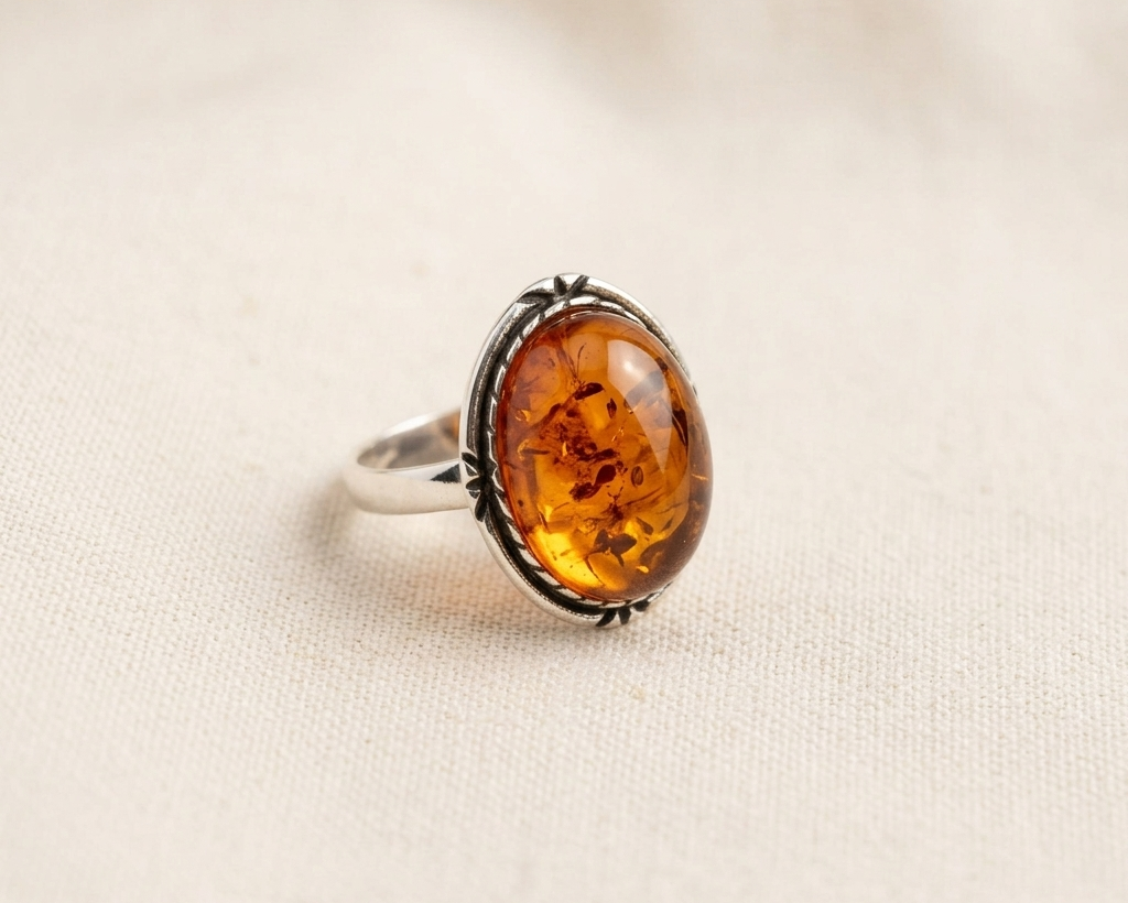 Large oval cabochon-cut cognac amber ring with natural inclusions, set in a decorative sterling silver bezel with a rope border, displayed on a light linen fabric. Angled.