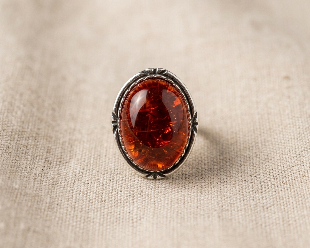 Large oval cabochon-cut cognac amber ring with natural inclusions, set in a decorative sterling silver bezel with a rope border, displayed on a light linen fabric. Straight view