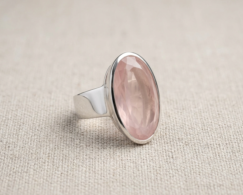 Oval faceted rose-cut pink rose quartz gemstone set horizontally in a polished sterling silver bezel band ring, resting on a textured light beige linen fabric with soft studio lighting. Angled view