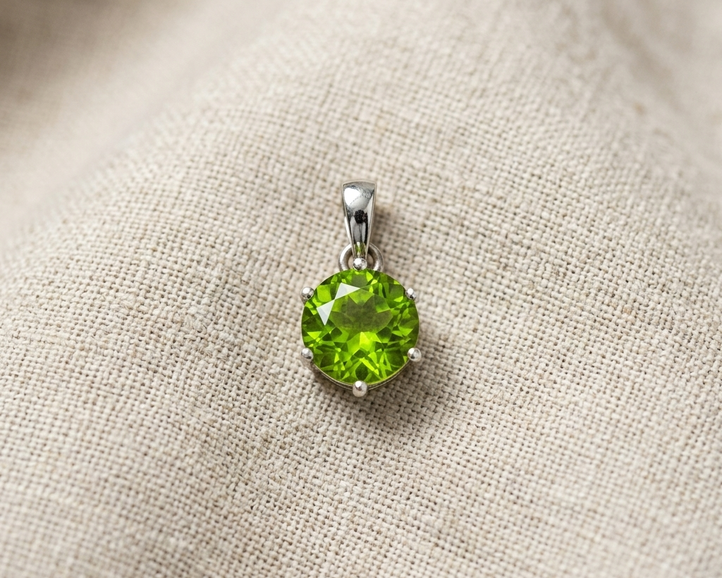 Round-cut vibrant green peridot solitaire pendant in a six-prong silver setting, resting on a textured white linen fabric background with soft studio lighting.